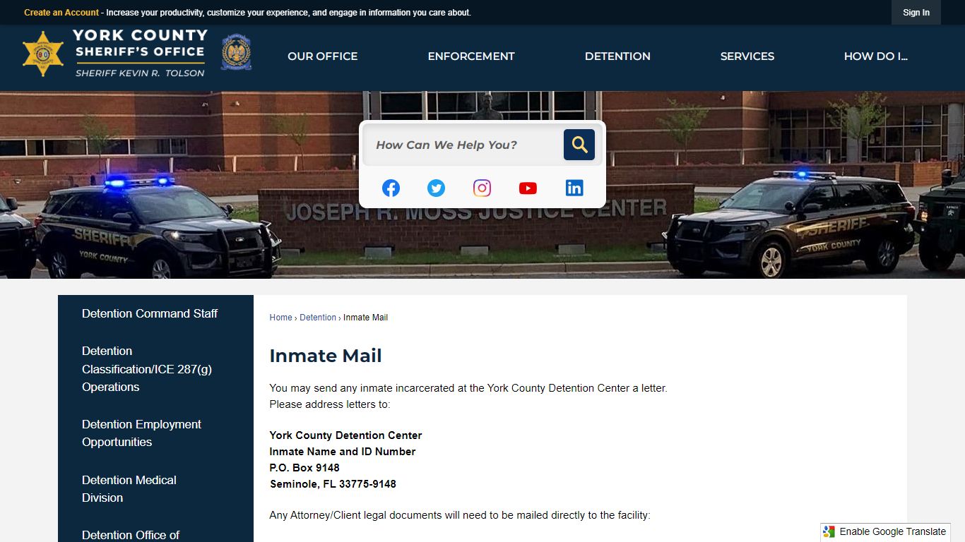 Inmate Mail | York County Sheriffs, SC